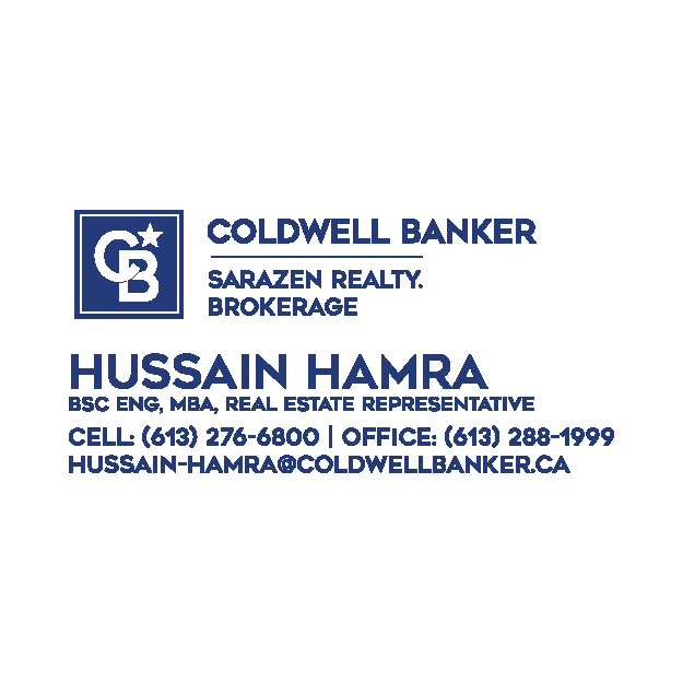 Coldwell Banker logo with agent Hussain Hamra's name and contact details on a real estate business card. (Professional card layout)