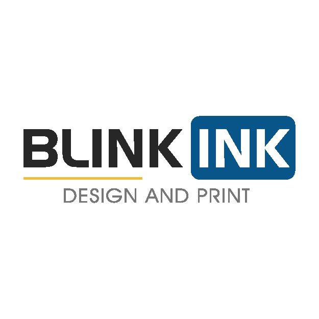 Blink Ink logo: bold 'BLINK' with a blue rounded rectangle around 'INK', yellow underline, and 'DESIGN AND PRINT' text below.