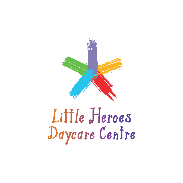 Logo for Little Heroes Daycare Centre with a multicolored brush-cross emblem and the name in orange and purple text.